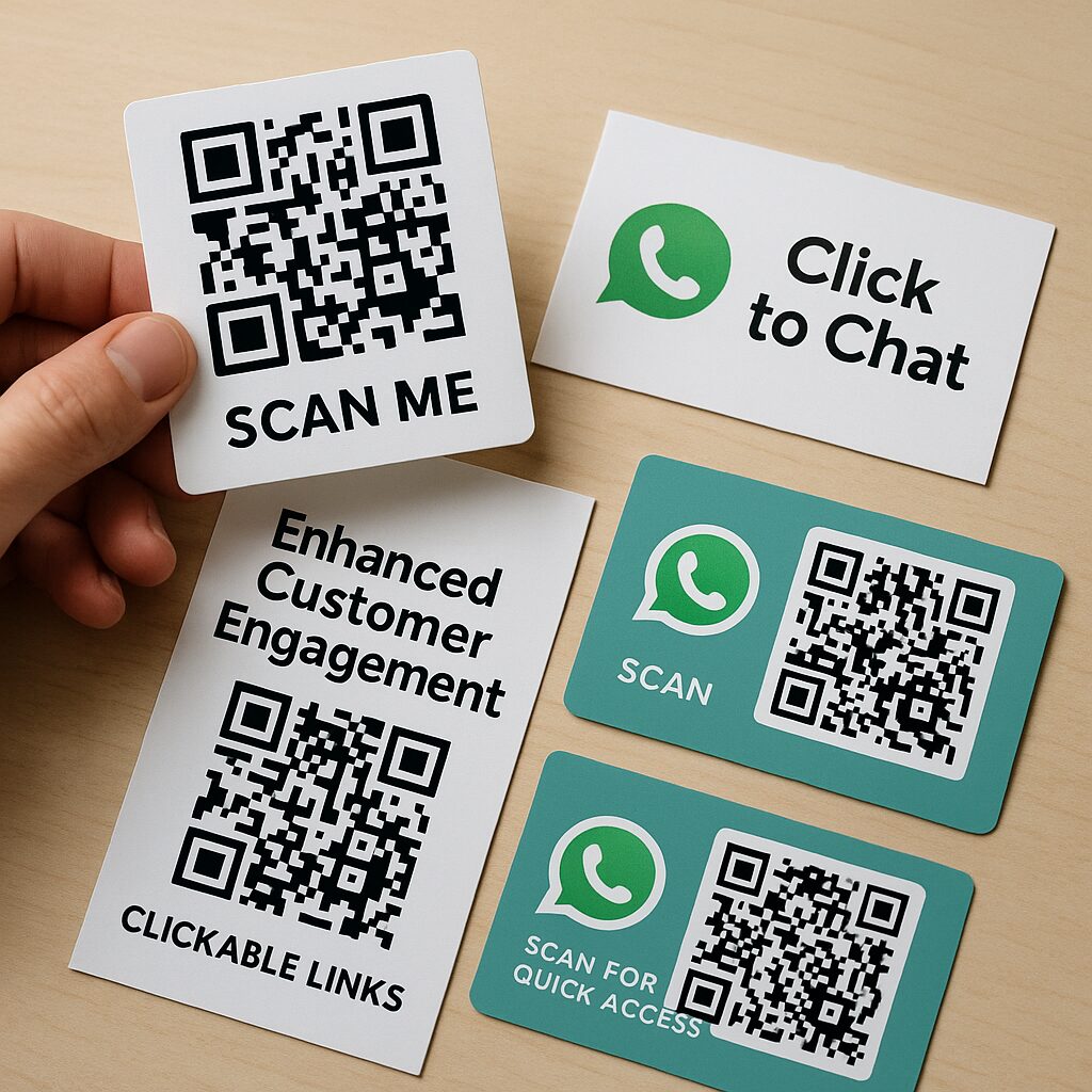 Creative image combining QR codes and WhatsApp logos on business cards and flyers, representing enhanced customer engagement through clickable links and QR scanning.