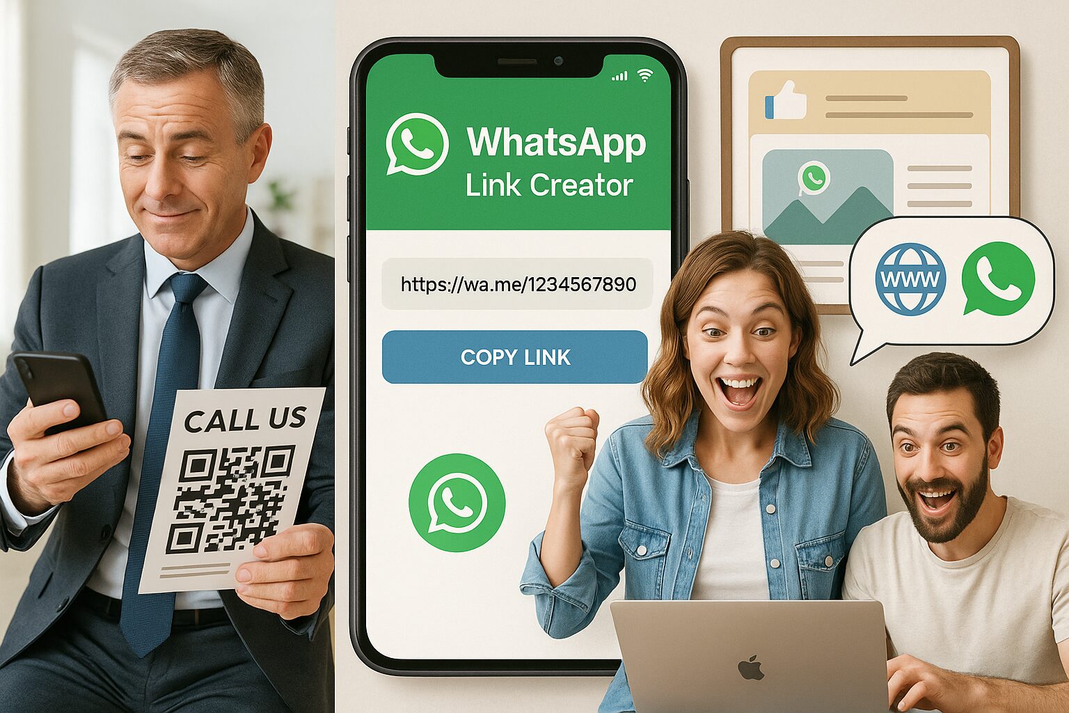 Visual representation of various professionals (business owner, marketer, freelancer) using the WhatsApp Link Creator to boost communication across different platforms like social media, flyers, and websites.