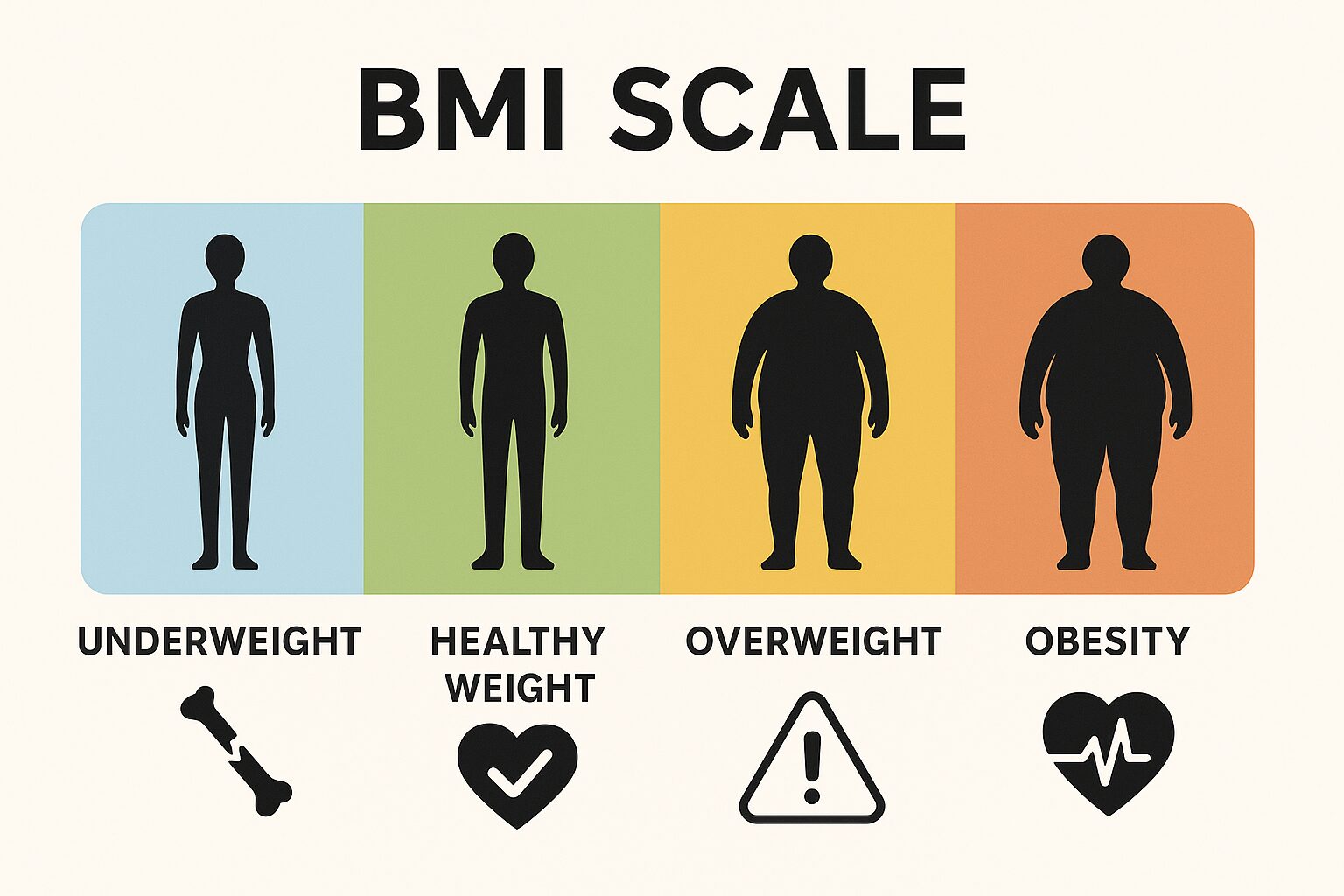 A visual representation of the BMI scale showing categories like underweight, healthy weight, overweight, and obesity, with icons representing different health benefits and risks.