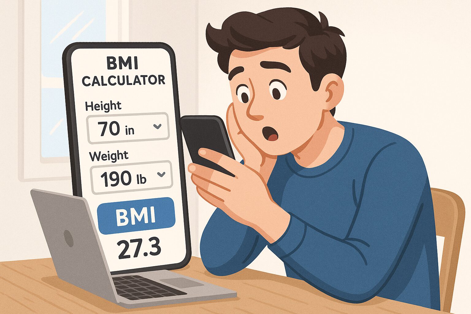 An illustration of a person using a BMI calculator on a smartphone or computer, showing height and weight input fields and a BMI result.