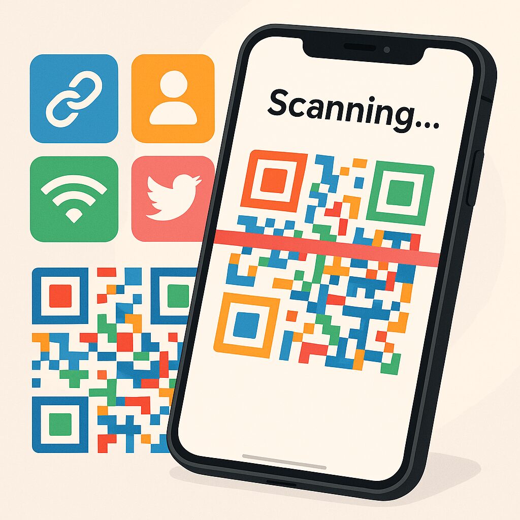 An illustration showing a smartphone scanning a colorful, customized QR code with icons representing various types of data like URLs, contact info, Wi-Fi passwords, and social media links.