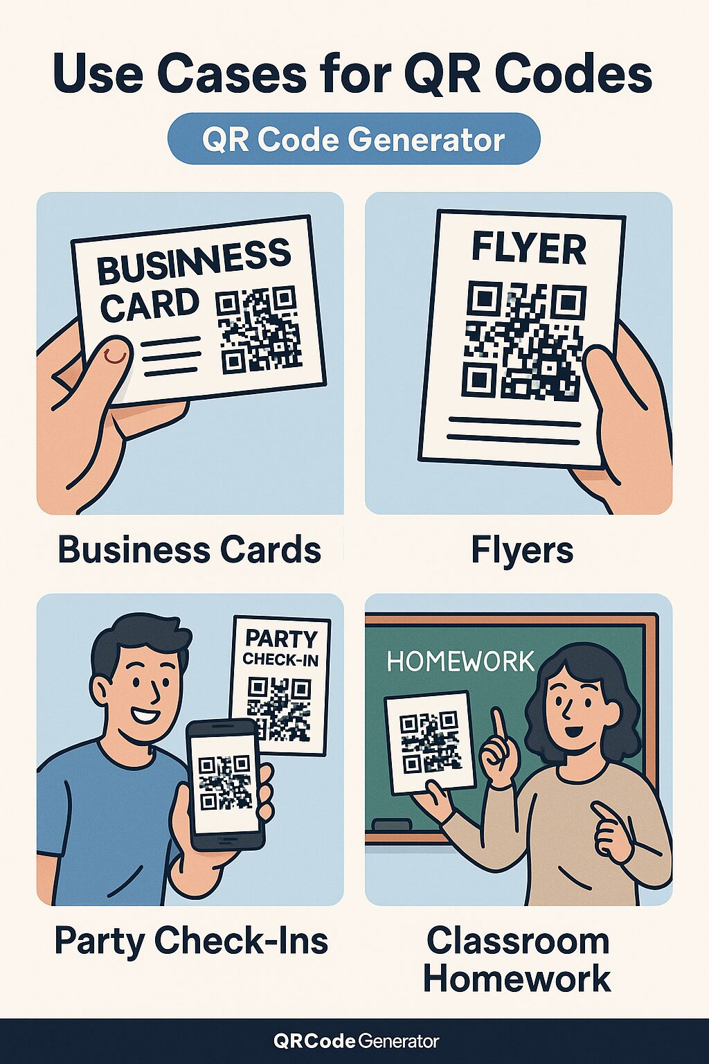 A creative graphic depicting different use cases for QR codes such as business cards, flyers, party check-ins, and classroom homework distribution, highlighting the ease and versatility of the QR Code Generator.