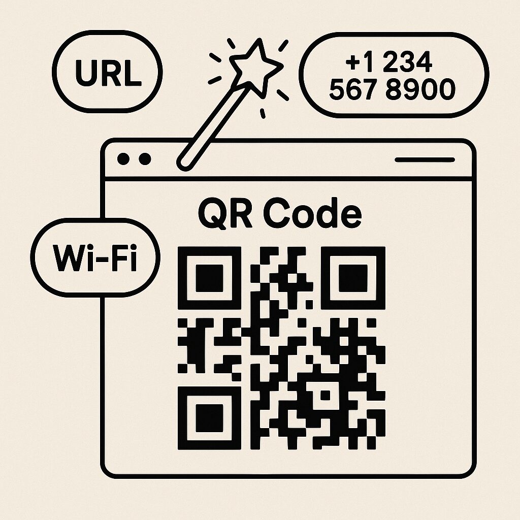 An illustration of a QR Code Generator creating a stylish black-and-white QR code with various data types like URLs, phone numbers, and Wi-Fi passwords around it, showing ease of use and versatility.