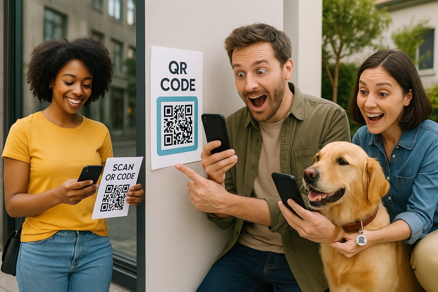 A vibrant scene depicting diverse people using QR Codes in different contexts: scanning codes on flyers, posters, and even a dog's collar, highlighting contactless sharing, marketing, and everyday convenience.