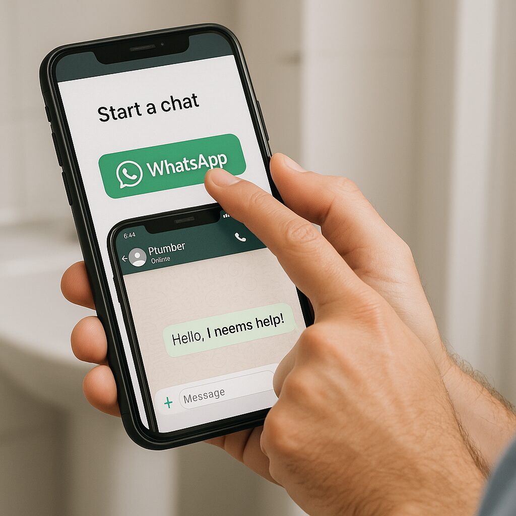 Illustration of a customer clicking a WhatsApp link on their phone, instantly opening a chat with a pre-filled message.